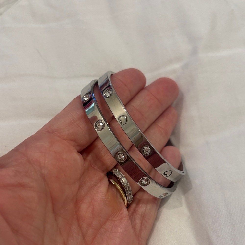 Silver Heart and Stone Bangle Bracelets